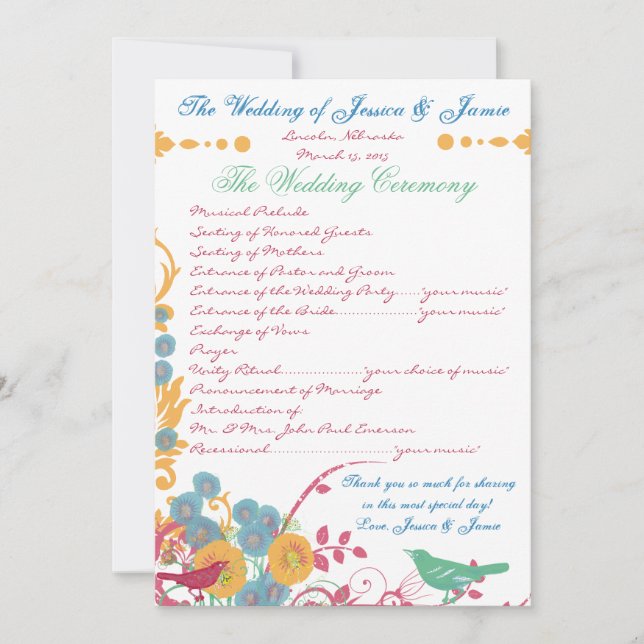 Aqua Beeswax Raspberry Wild Flower Bird Wedding Invitation (Front)
