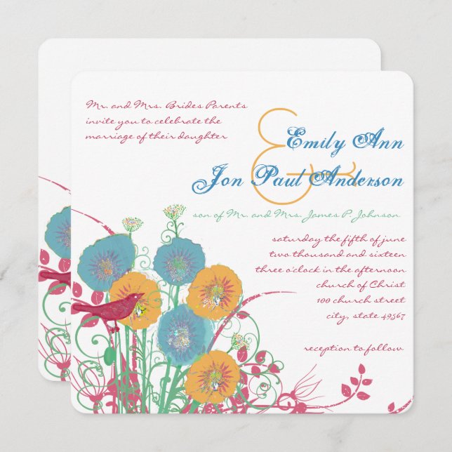 Aqua Beeswax Raspberry Wild Flower Bird Wedding Invitation (Front/Back)
