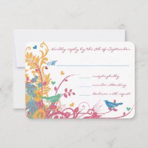 Aqua Beeswax Raspberry Wild Flower Bird Wedding RSVP Card