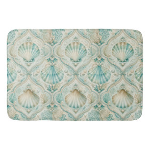 AQUA & BEIGE SUMMER SEASHELLS & PLANTS BATH MAT