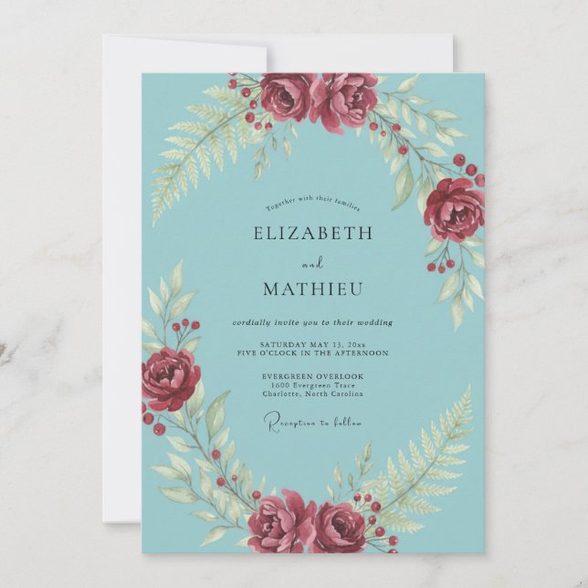 Aqua Berry Leafy Wedding Invitation (Front)