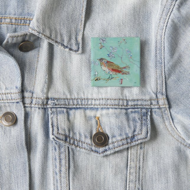 Aqua Bird 2 Inch Square Button (In Situ)