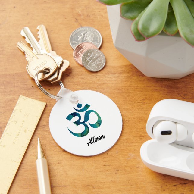 Aqua Bird Feathers Pattern Om Symbol 2-in Aluminum Keychain (Desk)