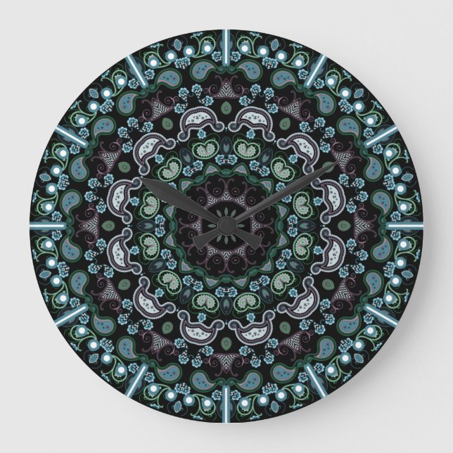Aqua, Black and Sage Boho Style Paisley Large Clock (Front)