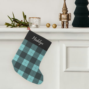 Aqua & Black Buffalo Plaid Personalized Small Christmas Stocking