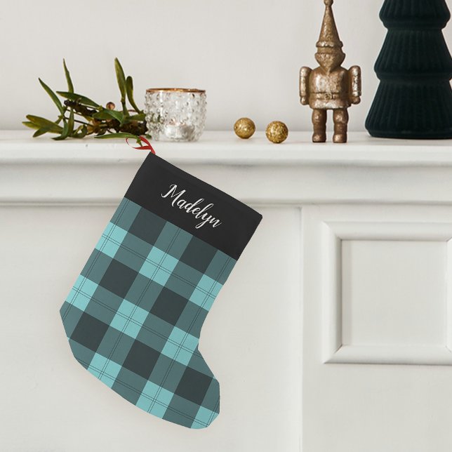 Aqua & Black Buffalo Plaid Personalized Small Christmas Stocking (Creator Uploaded)