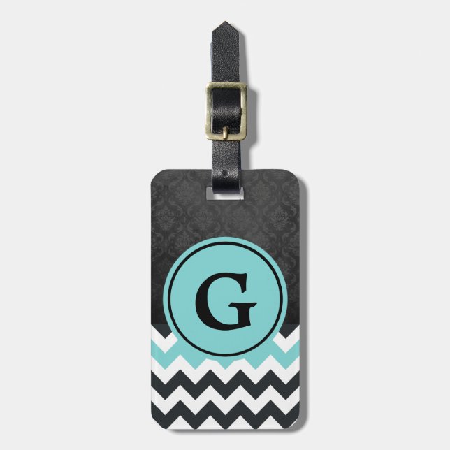 Aqua Black Chevron Damask Monogram Luggage Tag (Front Vertical)