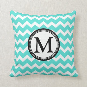 Aqua Black Chevron Monogram Decorative Pillow