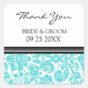 Aqua Black Damask Thank You Wedding Favour Tags