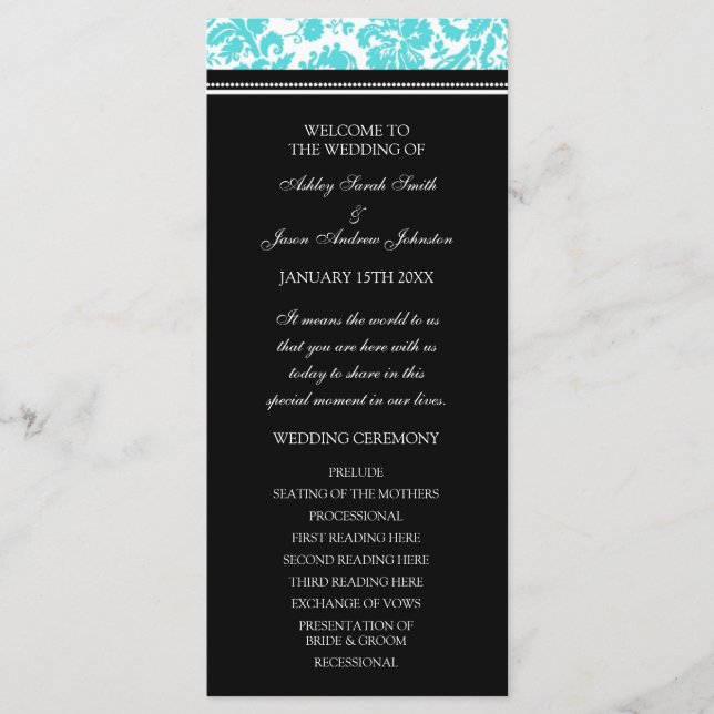 Aqua Black Damask Wedding Program (Front)
