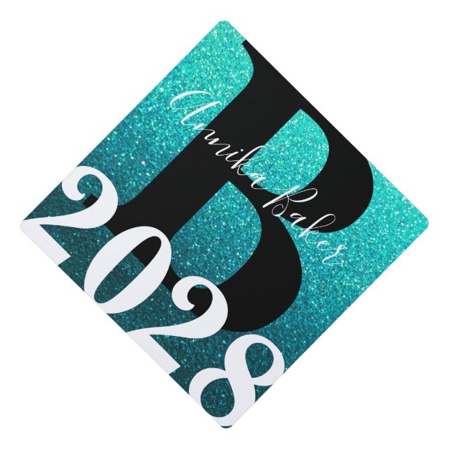 Aqua Black Glitter Ombre Monogram Name Graduation Graduation Cap Topper (Front)