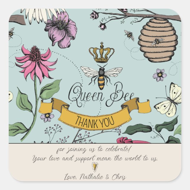 Aqua, Black & Gold Queen Bee and Crown Thank You Square Sticker (Front)