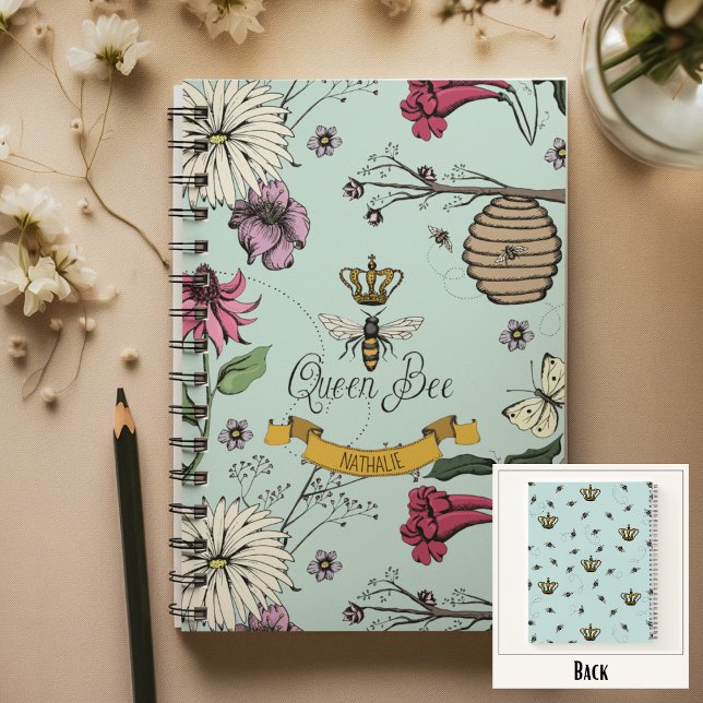 Aqua, Black & Gold Queen Bee, Crown & Scroll Notebook (Chic Queen Bee Custom Notebook
Front: Personalized Name or Message
Back: Fun Queen Bee & Crown Print)