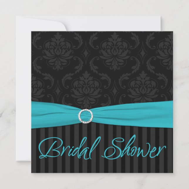 Aqua Black Grey Damask Stripe Bridal Shower Invite (Front)