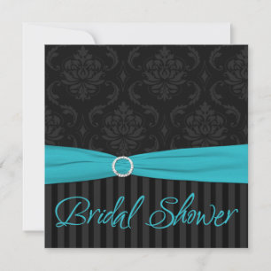 Aqua Black Grey Damask Stripe Bridal Shower Invite