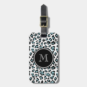 Aqua Black Leopard Animal Print with Monogram Luggage Tag