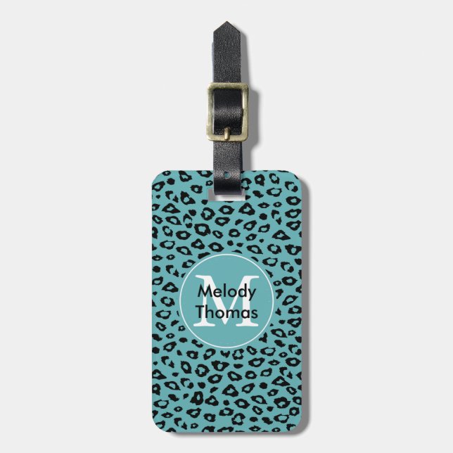 Aqua Black Leopard Print monogram Luggage Tag (Front Vertical)