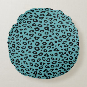 Aqua Black Leopard Print Round Pillow