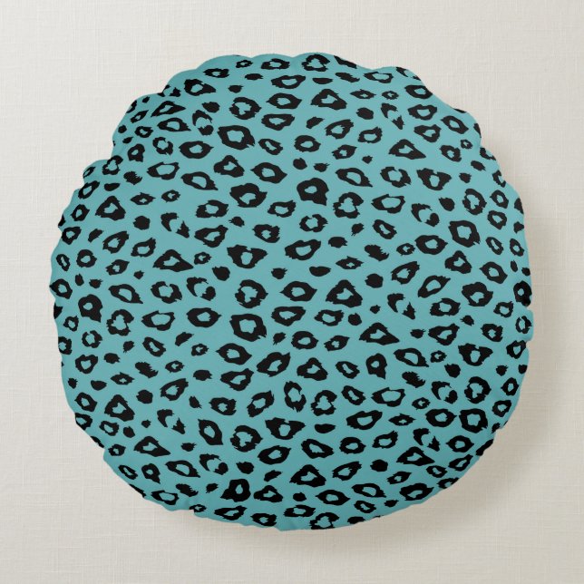 Aqua Black Leopard Print Round Pillow (Front)