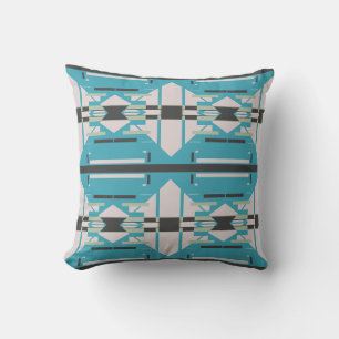 Aqua Black on Off-White Large Tile Southwest Look Throw Pillow