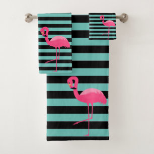 AQUA BLACK PINK STRIPE FLAMINGO BATHROOM TOWEL SET
