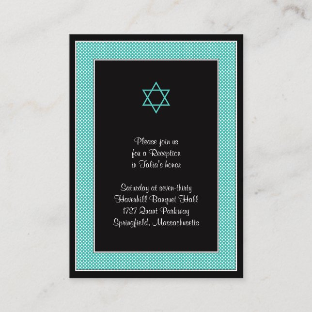 Aqua Black Polka Dots Bat Mitzvah Reception Card (Front)