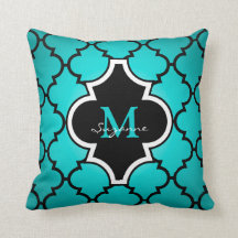 Aqua Black Quatrefoil Pattern Monogrammed Pillow