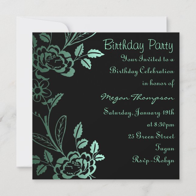 Aqua & Black Rose Leaf Invitation d'anniversaire (Devant)