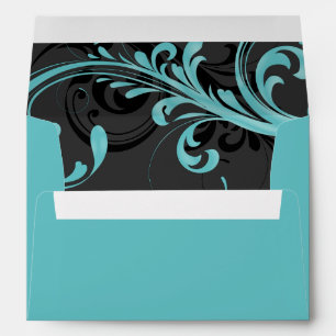 Aqua Black Wavy Floral A7 Wedding Envelope