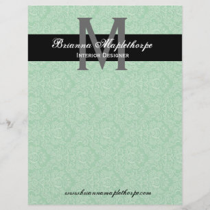 Aqua Black White Damask Monogram Letterhead
