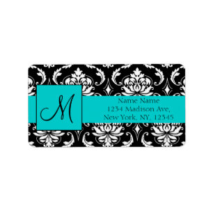 Aqua Black White Damask Return Address Labels