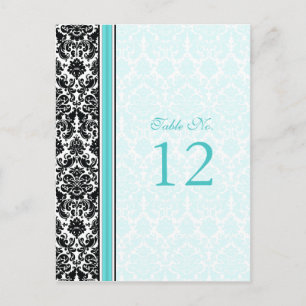 Aqua, Black, White Damask Table Number Card
