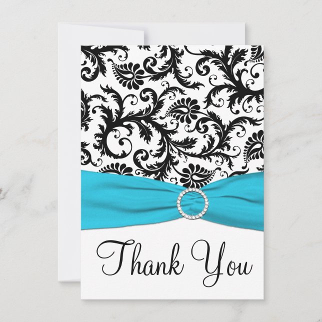 Aqua, Black, White Damask Thank You Card (Front)