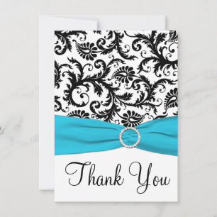 Aqua, Black, White Damask Thank You Card