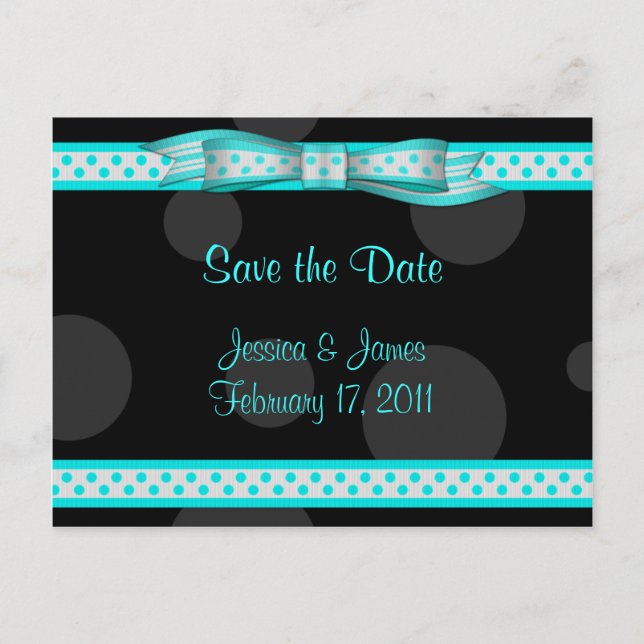 Aqua Black White Polka Dot Save the Date Postcard (Front)