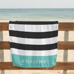 Aqua | Black & White Stripe Personalized Beach Towel<br><div class="desc">Preppy chic personalized beach towel in black and aqua features classic wide black and white stripes,  with your name or choice of personalization along the bottom in bold white lettering on a band of summery turquoise teal.</div>