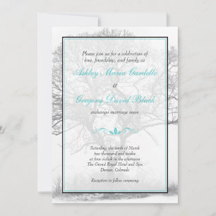 Aqua Black White Winter Tree Wedding Invitation