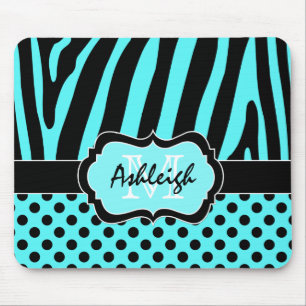 Aqua, Black, White Zebra Stripe & Dots Mousepad
