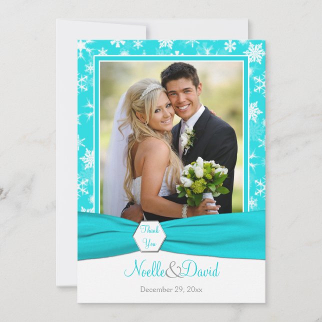 Aqua, Blanc, Gris Snowflakes Carte de remerciement (Devant)