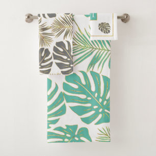 Aqua bleu et gris feuilles tropicaux et monogramme
