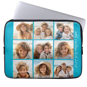 Aqua Blue 9 Photo Collage - Modern Minimal Grid Laptop Sleeve