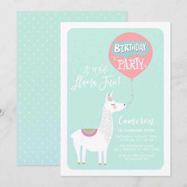 Aqua Blue A Whole Llama Fun Kids Birthday Party Invitation (Front/Back)