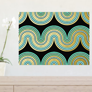 Aqua Blue Abstract Wave Lines Art Pattern Gold Foil Prints