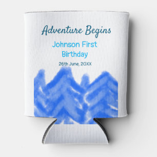 Aqua blue Adventure begins 1st birthday mountain d Can Cooler