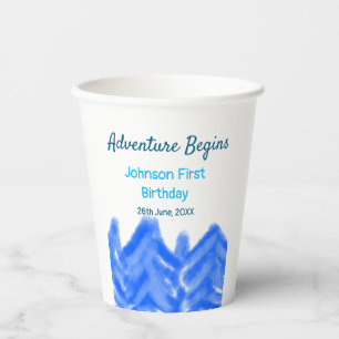 Aqua blue Adventure begins 1st birthday mountain d Paper Cups