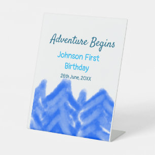 Aqua blue Adventure begins 1st birthday mountain d Pedestal Sign