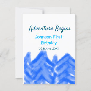Aqua blue Adventure begins 1st birthday mountain d Postcard