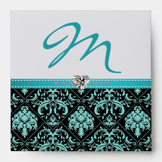 Aqua Blue and Black damask Monogram with Diamonds Envelopes (Front)