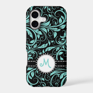 Aqua Blue and black damask with monogram