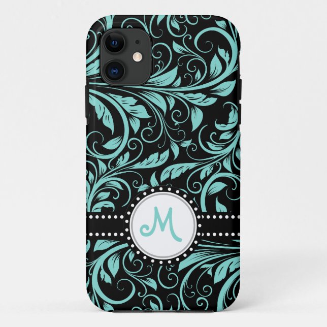 Aqua Blue and black damask with monogram Case-Mate iPhone Case (Back)